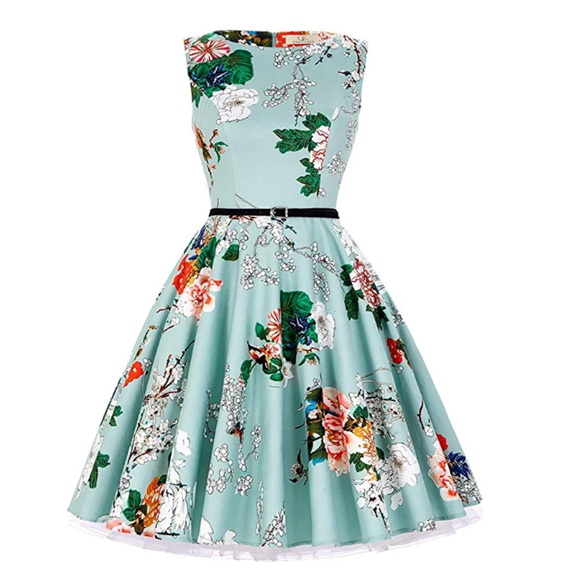 50-х Ретро тонкое платье классическое Цветочное платье длиной до колена летнее банкетное вечернее платье повседневное платье без рукавов с круглым вырезом - Цвет: as picture
