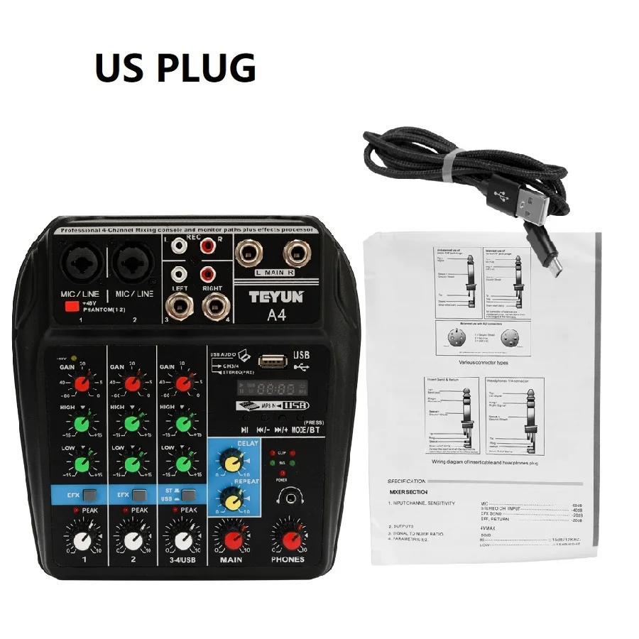 TU04 BT микшерный пульт записи 48 В Phantom power Monitor AUX Paths Plus Effects 4 канала аудио микшер с USB - Цвет: US PLUG