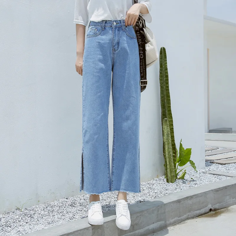 Korean-style Capri Cowboy Loose Pants Women's Spring And Summer High-waisted Straight-Cut Slit New Style Pants Students Tru