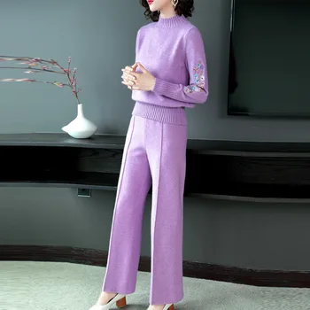 

Autumn New 2 Piece Set Women flower Embroidery Knitted Sweaters Winter Clothes Two Piece Set Tops Pants Casual Ladies Tracksuits