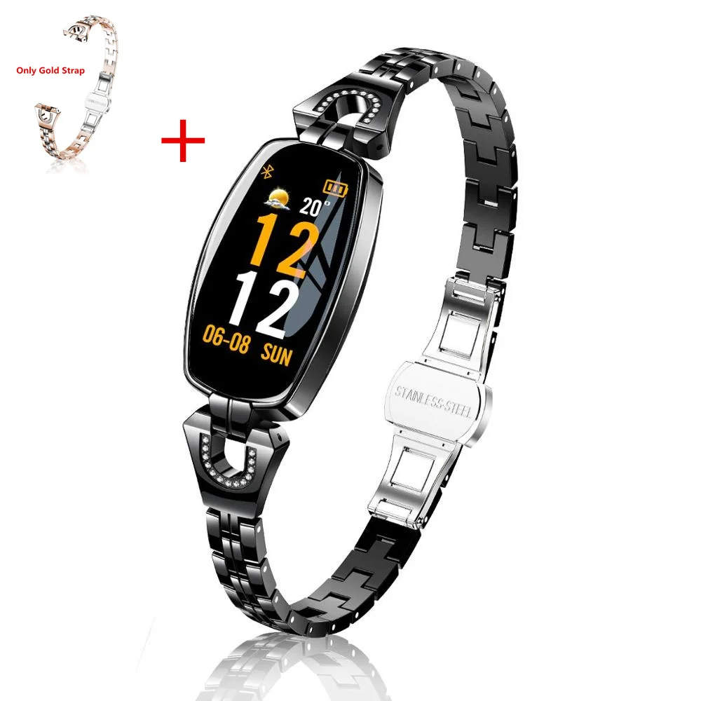 BK add gold strap H8 Смарт-часы для женщин, женские часы для измерения артериального давления, монитор сердечного ритма, фитнес-трекер, умный Браслет, IP67, водонепроницаемые Смарт-часы - Цвет: BK add gold strap