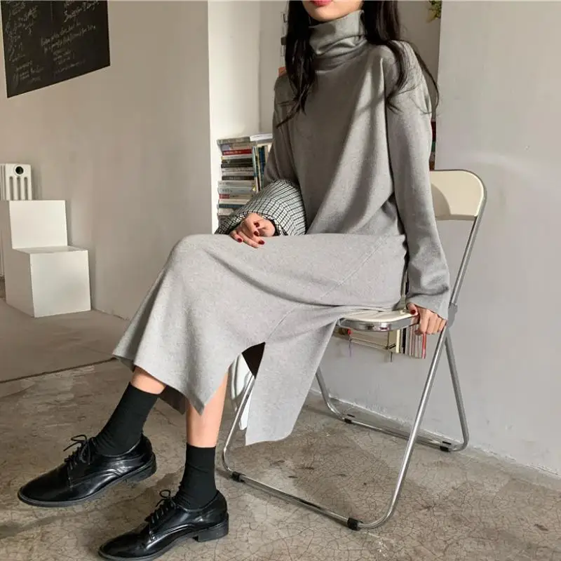 Long Sleeve Dress Women Solid Turtlenek Side Slit Midi Elegant All-match Korean Style Simple Winter Fashion Ins Stylish Vestido evening dresses Dresses