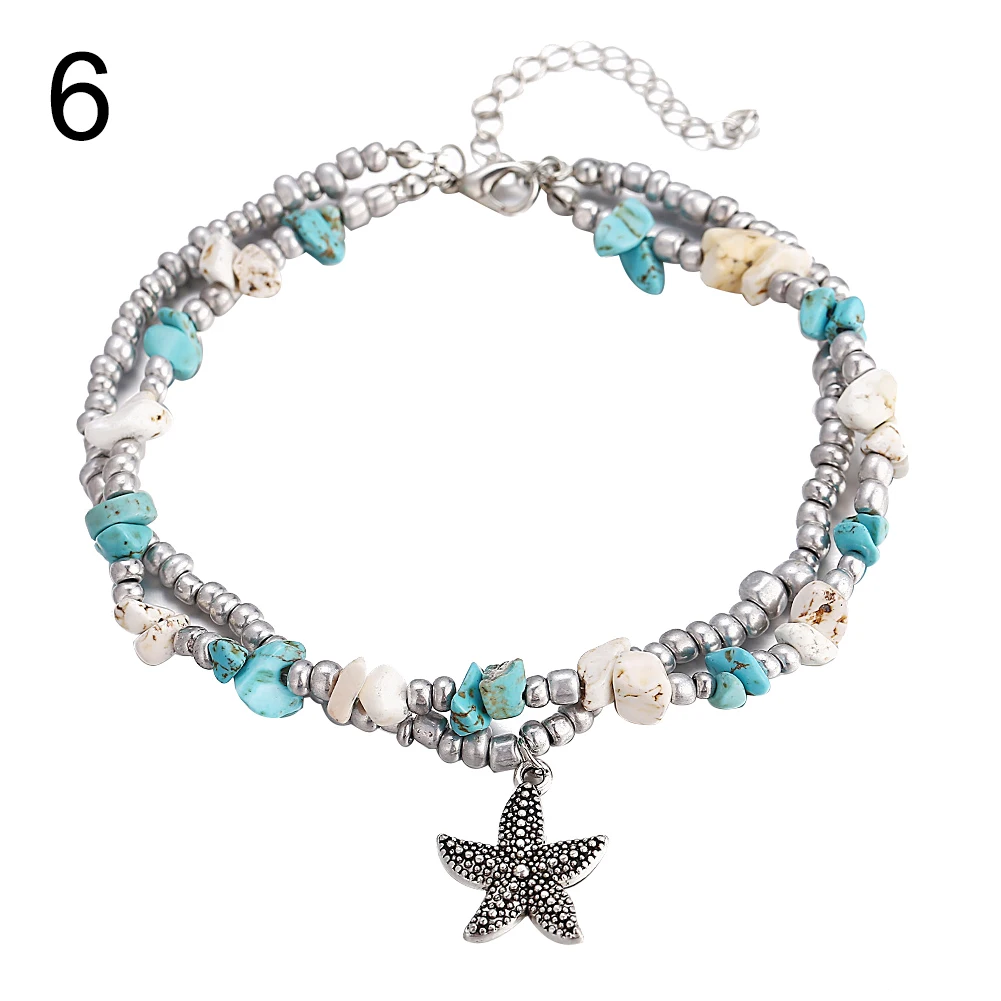 Women Anklet Turtle Heart Starfish Charm Double Layer Beaded Anklet Women Ankle Bracele on the leg Woman's accesories