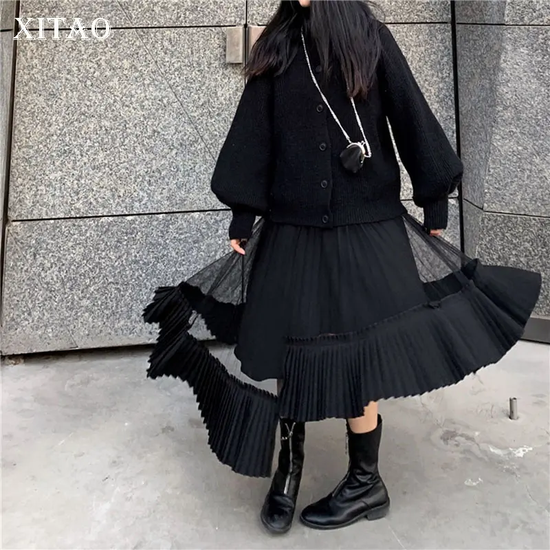 XITAO Асимметричная сетчатая юбка с завышенной талией, плиссированная Элегантная Маленькая свежая Весенняя свободная перспективная повседневная юбка, DMY2280