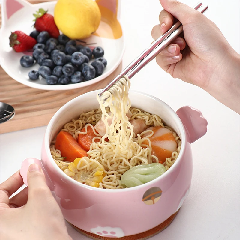 Kawaii Ramen Bowl With Chopsticks Lid Spoon Cute Stainless Steel Instant  Noodles Fruit Salad Soup Cartoon Big Bowl 1000/1200m