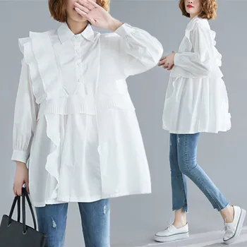 

BIG SIZE Spring Autumn Women Fashion Elegant Solid Color Ruffles Tops Ladies Female Plus Large Long Sleeve Cotton Blouse Shirt
