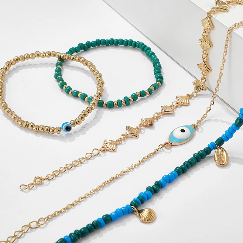 Docona Boho ведра яичной скорлупы многослойный, с бусинами по низкой цене Для женщин девочек зеленый синий Бусины регулируемые браслеты для ног Ювелирные изделия из жемчуга 5 шт./компл. 8841