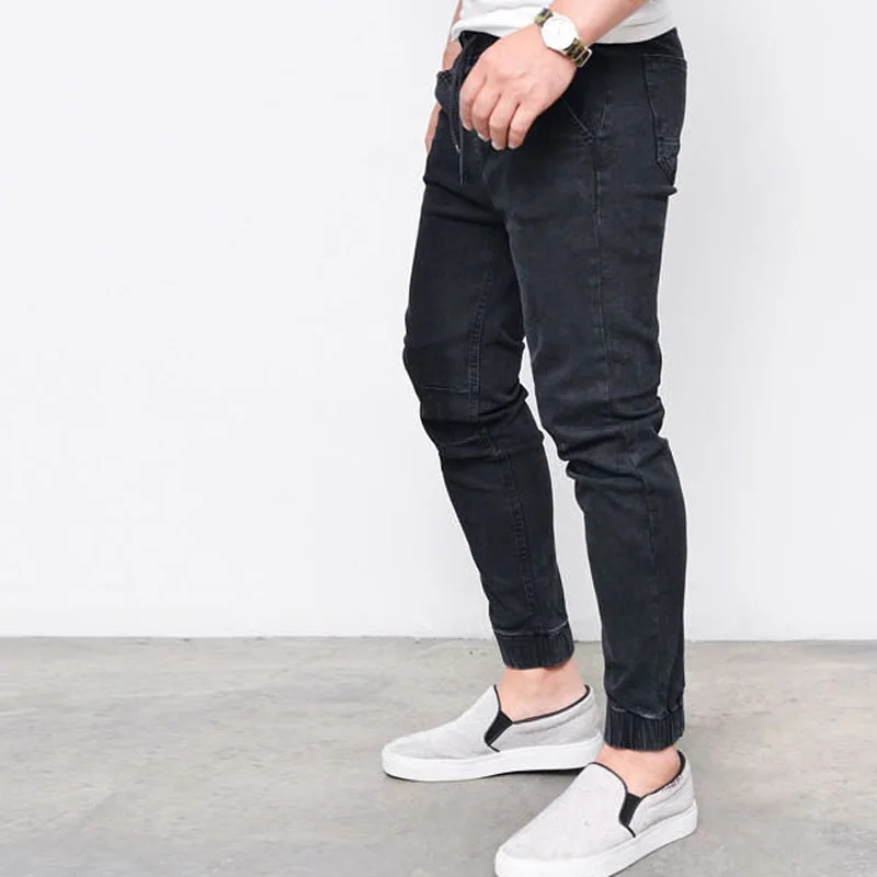Мужские джинсы-шаровары с эффектом потертости, блестящие джинсовые черные штаны в стиле хип-хоп, спортивная одежда с эластичной резинкой на талии, брюки для бега, большие размеры 4XL - Цвет: black
