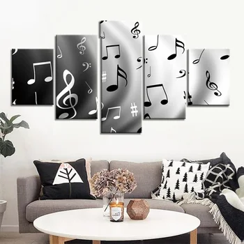 

Wall Art Print Posters And Prints Black and White Music Notes 5 Panel Picture Canvas Painting Home Decor Modular Pictures