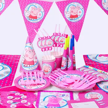 

Peppa Pig Party Tableware Anime Figure Birthday Party Decoration Supplies Activity Event Kids Paper Plates Paper Straws