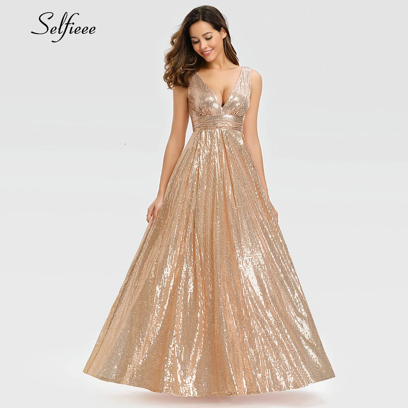 Модное блестящее женское платье трапециевидной формы с двойным v-образным вырезом без рукавов, расшитое блестками, вечернее платье для девушек, Золотое Макси платье Lange Jurken
