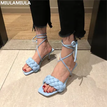 

MIULAMIULA Brand Designers 2020 Summer Luxury Sexy Twist Weave Kitten Heels 2 Ways Wearing Lace Up Woman Sandals Gladiator Shoes