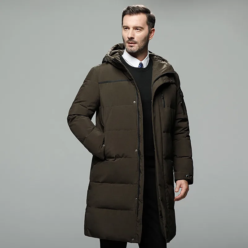 Русская зимняя модная мужская длинная куртка с капюшоном на белом утином пуху, Мужская Толстая теплая куртка для холодной и ветрозащитной погоды, повседневное пальто, большие размеры 5XL