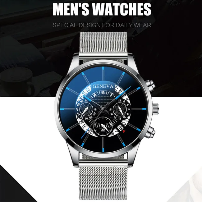 Silver Black Reloj Hombre Luxury Men's Fashion Business Calendar Watches Men casual Stainless Steel Mesh Belt Analog Quartz Watch - Цвет: Silver Black