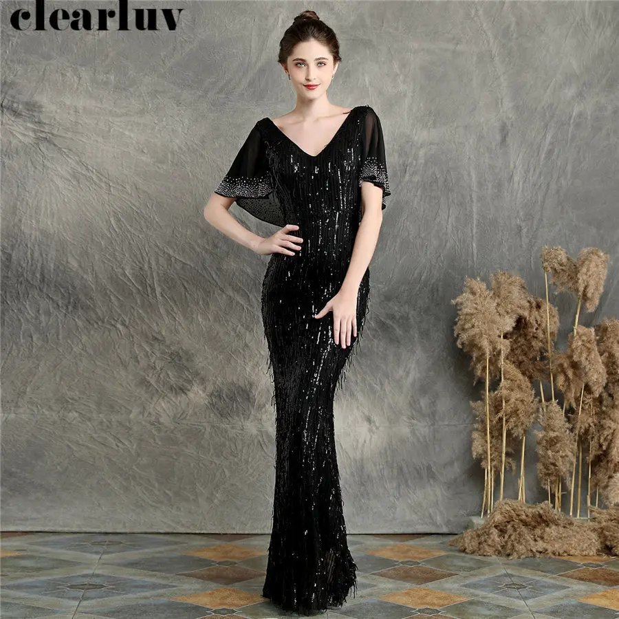 

Crystal Formal Gowns Plus Size Robe De Soiree V-Neck Backless Women Party Dress DX258-1 2019 Black Tassel Sequins Evening Dress