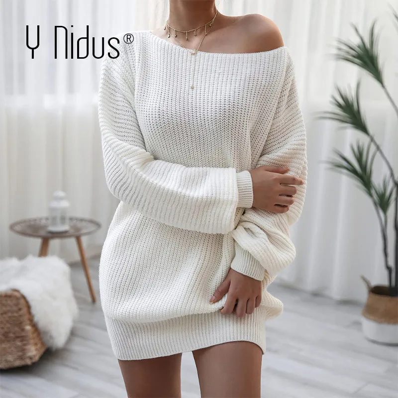 Women Winter Sweater Dresses Sexy Off-Shoulder Deep O-Neck Long Sleeve Pullover Dress Loose Soft White Knit Dress robe vestidos