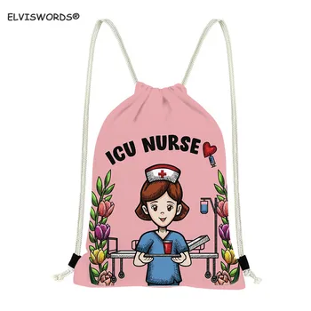 

ELVISWORDS ICU Nurse Print Drawstring Backpacks for Teenage Girl Women Cosmetic Container Yoga Bags Travel Beach Bag Shoes Pouch