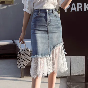 

Lace Hem Pathwork A-line Knee Length Stretch Denim Skirts for Women S M L XL