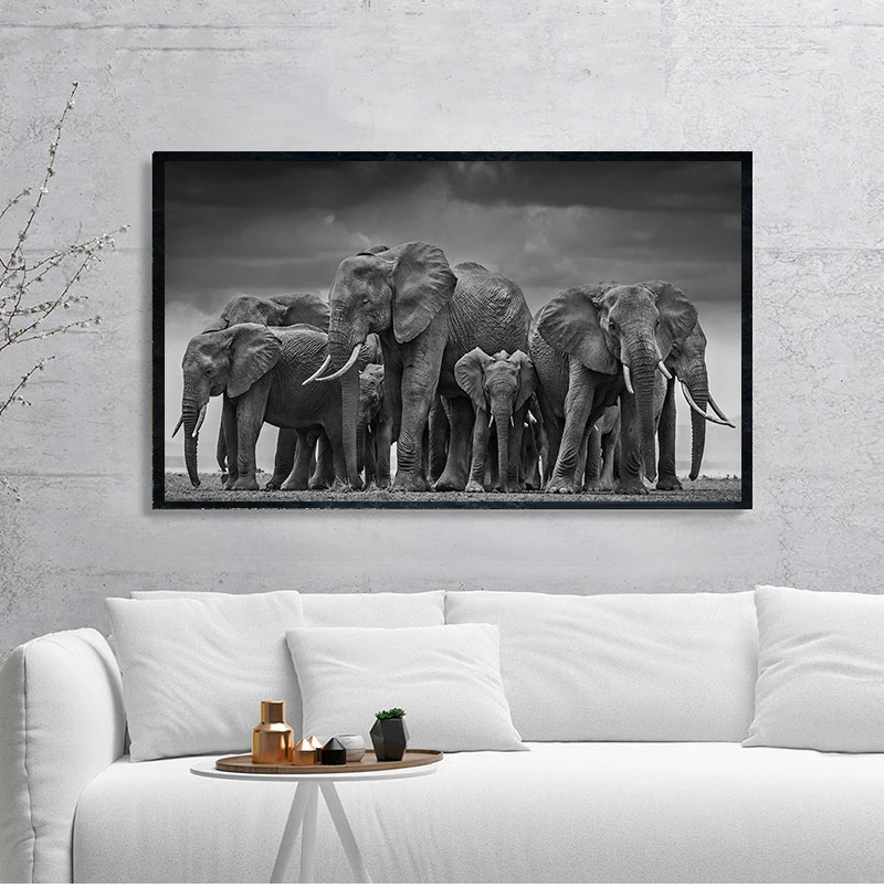 Black & White Elephant Painting Quality 100% cotton Canvas wall home decor 