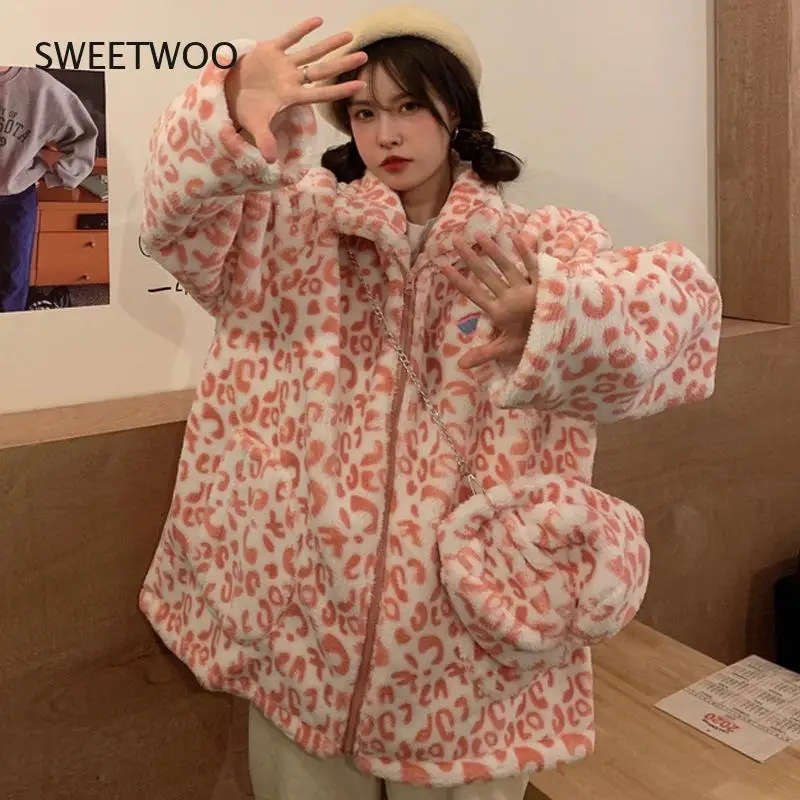 Winter 2021 New Loose Mid-Length Plus Velvet Thickened Leopard Imitation Lamb Hair Loose Long-Sleeved Jacket Women Send Bag