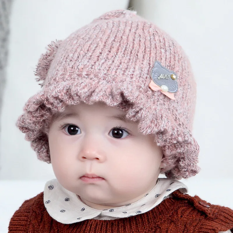 

Spring Newborn Baby Hats Handmade Wool Ear Knitting Hats Monolayer Lotus Leaf Yarn Warmer Caps Kids Hats New Unisex