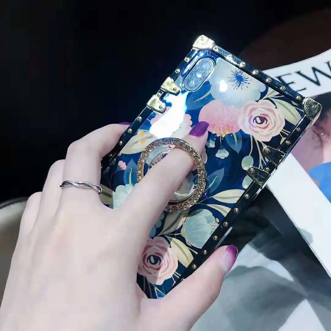 Роскошный бренд для Samaung Galaxy s8 s9 s10 plus note 8 9 10 Модный Пион цветок подставка кольцо металлический квадратный blu ray чехол для телефона чехол