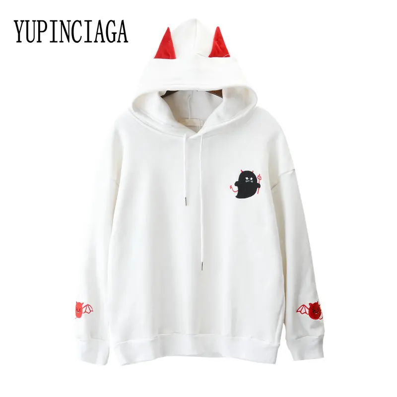 

YUPINCIAGA Women Spring New Cartoon Devil Embroidered Loose Hooded Pullovers With Horns Harajuku Female White Black Hoodies