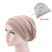 

Women Soft satin lining India Hat Stretch Sleep cap Muslim Ruffle Cancer Chemo Hat Beanie Scarf Turban Head Wrap Cap Arab