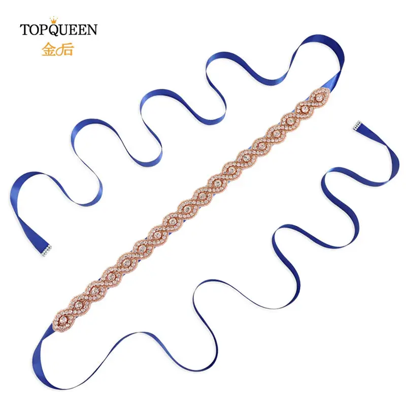 Royal blue TOPQUEEN, S28-RG, розовое золото, Свадебный ремень, размеры, Маленькие стразы, тонкий пояс с кристаллами и бисером, Свадебные ремни, женский пояс с бисером - Цвет: Royal blue