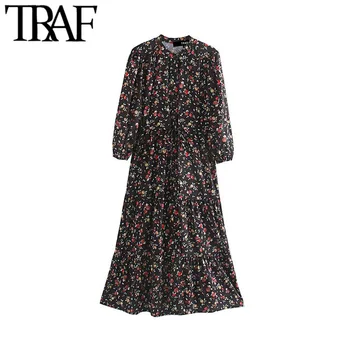 

TRAF Women Vintage Elegant Floral Print Bow Tie Sashes Midi Dress Fashion O Neck Three Quarter Sleeve Female Dresses Vestidos