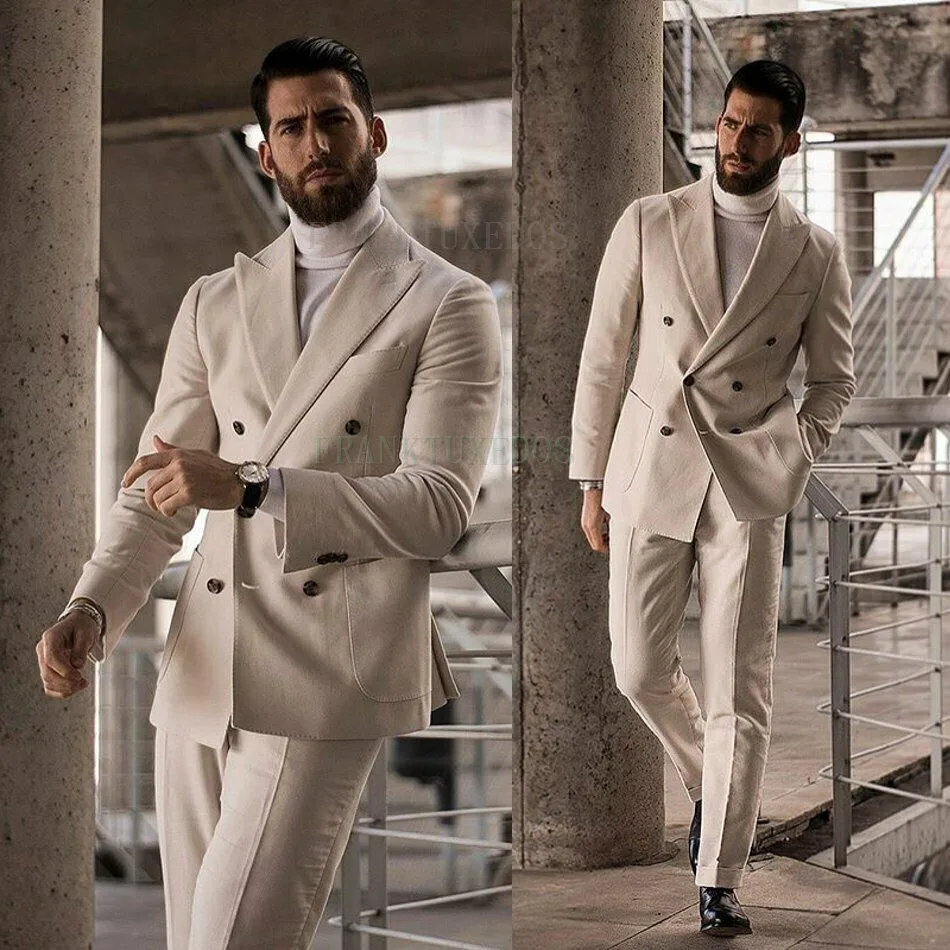 

New Fashion Costume Homme Men's Suit 2 Pieces Double-breasted Notch Lapel Flat Slim Fit Casual Tuxedos For Wedding(Jacket+Pants)