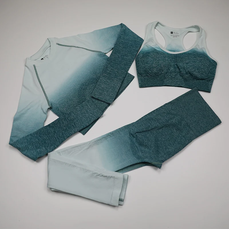 3pcs ice green Комплект из 3 предметов для йоги, женский укороченный Топ с длинным рукавом, спортивный бюстгальтер для фитнеса, спортивные Леггинсы с высокой талией, одежда для спортзала, бесшовный спортивный костюм с эффектом омбре - Цвет: 3pcs ice green