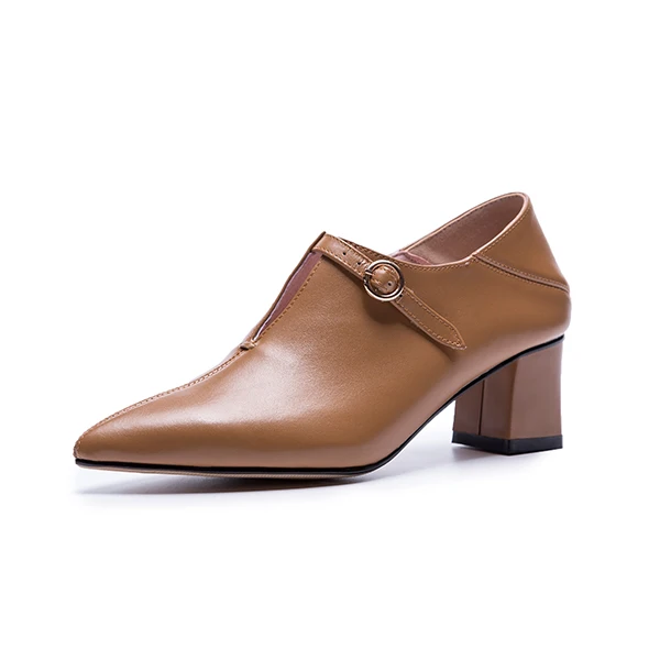 Brown RJN Genuine Leather Women Pumps Sexy Pointed Toe High Square Heel Stylish Buckle Decoration Slip-On Ladies Pumps For Job RO30 - Цвет: Brown