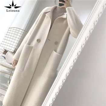 

Leiouna Solid Casual Loose Office Lady 2020 Fashion Spring Autumn Women Coat Long White Warm Outwear Pocket Female Wool Coat