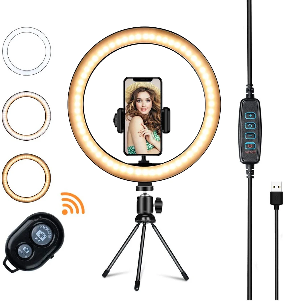 

Table LED Ring Light With Tripod Stand Phone Holder 10" Selfie Ring Light Makeup Phone Ring Lamp For YouTube Video Photography