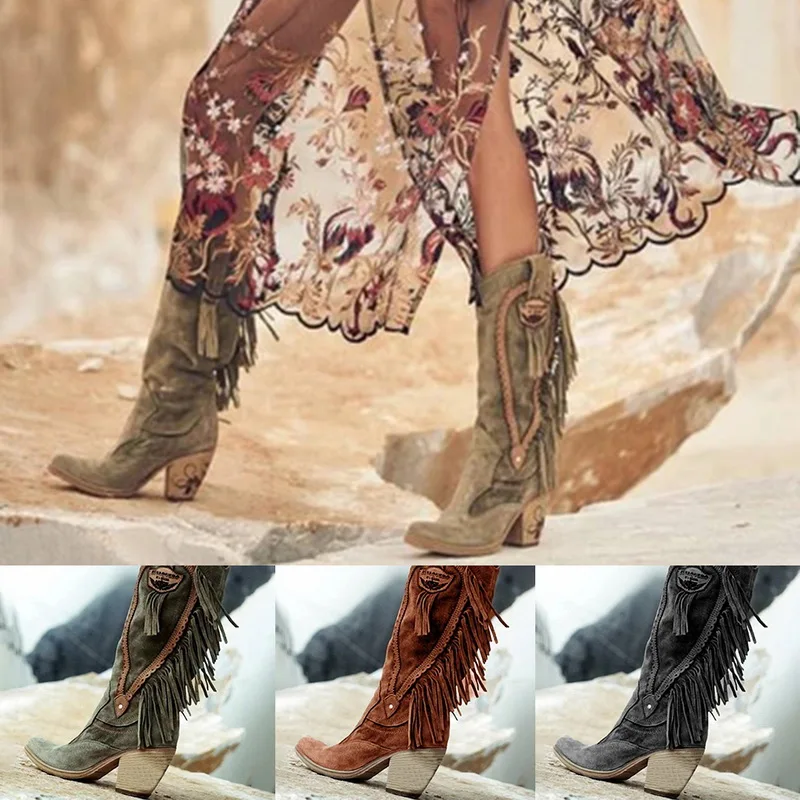 Женские стильные теплые ботинки на меху в этническом стиле ботинки из замши на низком каблуке высокие ботинки с бахромой зимние вышитый ботинок