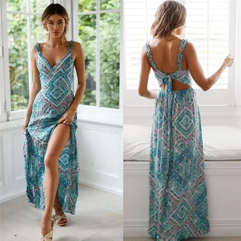 

Women Summer Boho V-Neck Long Dress Party Beach Floral Causal Dresses Sundress Beachwear