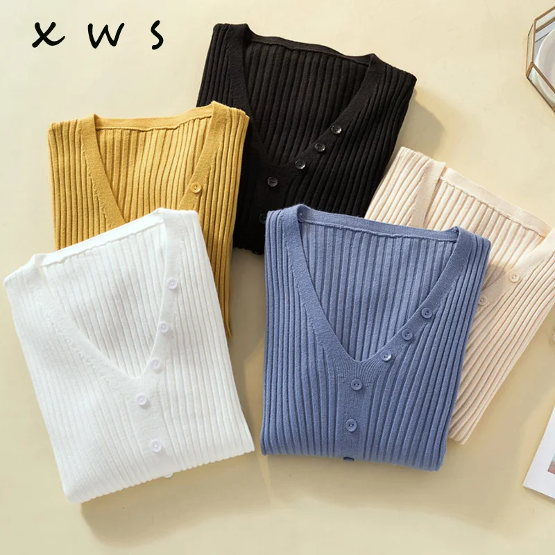 

Autumn winter V Neck Knitted Pullovers Women Slim Fit Knitting Sweater Elastic Solid Color Jumpers Feminina women sweater