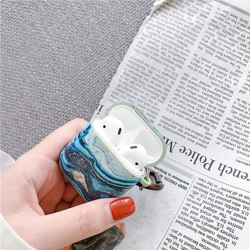 Мраморный узор беспроводные Bluetooth наушники Чехлы для Apple Airpods 1/2 защитный силиконовый из ТПУ чехол противоударный чехол с крючком