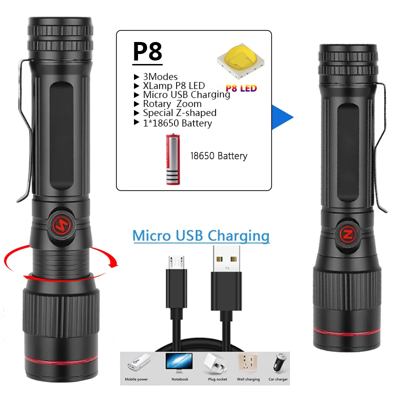 Мощный P8 светодиодный светильник специальный z-образный светильник USB Перезаряжаемые вспышка светильник масштабируемый фонарь Водонепроницаемый 18650 легко носить с собой на открытом воздухе