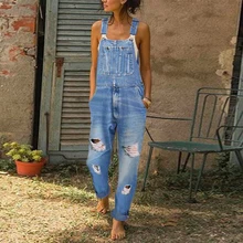 

2021 Spring Summer Stylish Suspender Pants Women's Work Clothes Jeans Slim Jumpsuit Street Casual Hole Long Denim Rompers Female