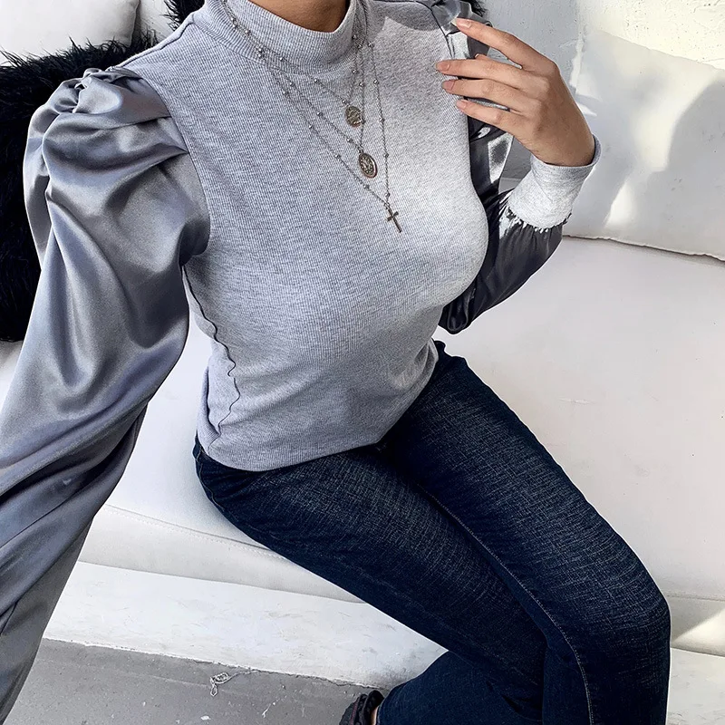 Hot sale 2020 Spring womens tops and blouses new fashion Casual slim round neck pullover Puff sleeves Solid wild Base Shirt top - 4.00046E+12