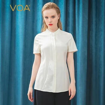 

VOA 36MM silk streamer white half-high collar jacquard impact stitching single-breasted Slim simple short-sleeved shirt B9270