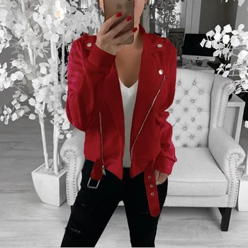 

New Slim Solid Color Zipper Button V Neck Turn Down Collar Sashes Pockets Short Jacket Moto Jacket Belt Autumn Women Coat