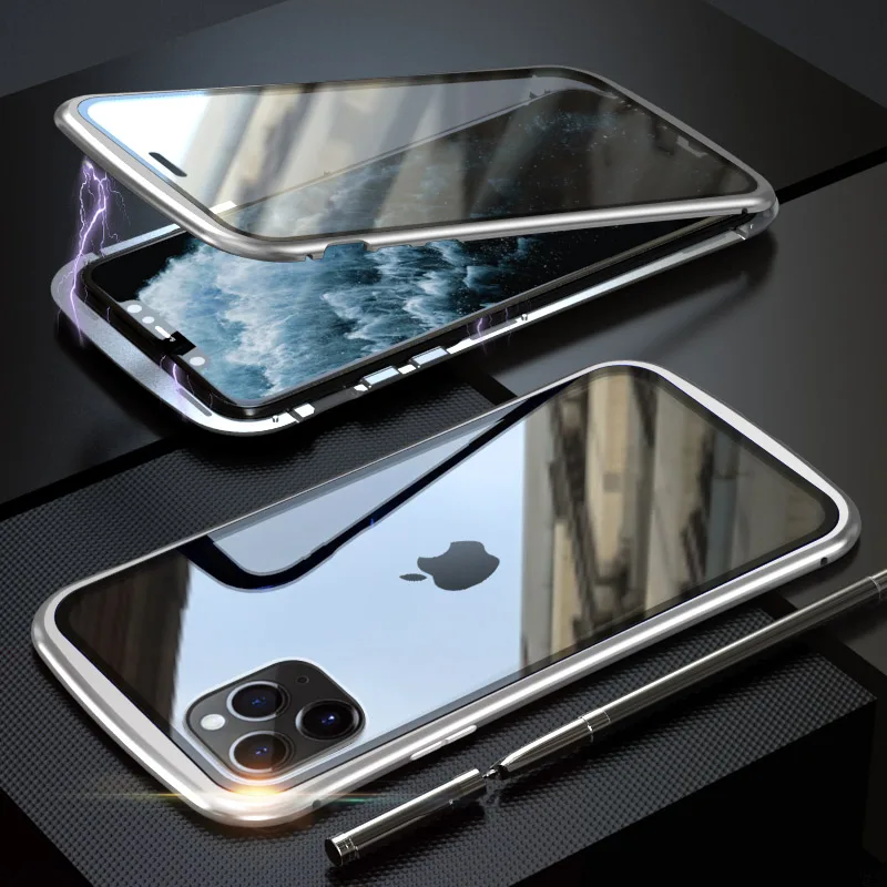 Броня металлическая рамка Магнитный чехол для iPhone 11 Pro Max чехол двойное закаленное стекло полное покрытие для iPhone 11 Pro Max Funda
