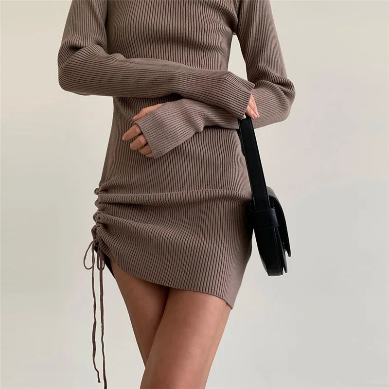 Long Sleeve Knitted Mini Dresses for Women High Neck Casual Drawstring Party Bodycon Dress 2021 Autumn Winter White Brown Black maxi dresses