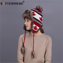 Papillon rouge russe Ushanka, chapeau pour femmes, hiver chaud, oreillettes en fourrure bombardier, chapeaux pour femmes, feuille d'érable, bonnet de noël, pompon