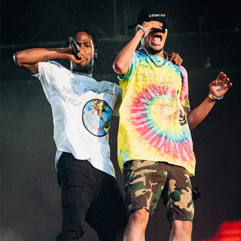 Трэвиса Скотта Astroworld Festival Run Tie Dye Футболка мужская и женская ASTROWORLD уличная хип-хоп Футболка Трэвиса Скотта