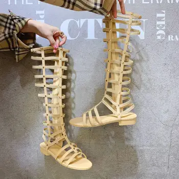 

Hot Gladiator Sandals Woman Stretch Strap Genuine Leather Patchwork Shoes Woman Sexy Zip Women Shoes Calf-high Sandals Boots