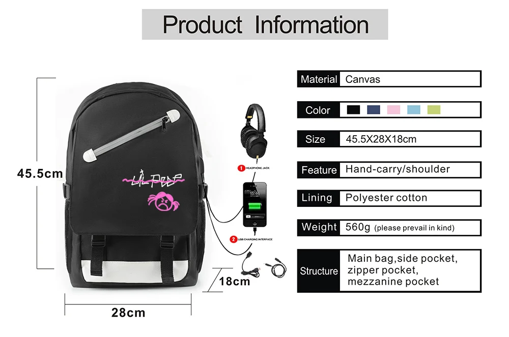 Kpop lil peep Rugzak met Usb-poort Opladen en Lock& Hoofdtelefoon interface для студентов Werk tas schooltas tas
